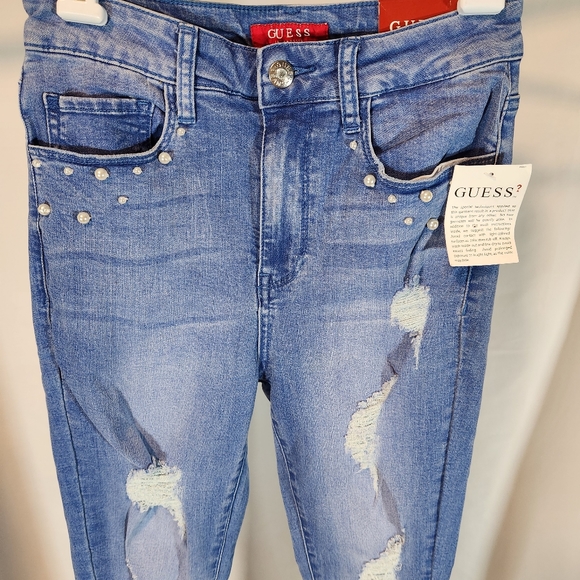 Guess Lia Pearl Embellished Skinny Jean Peacock Blue Wash Women's 26 NWT $55 - Picture 5 of 11